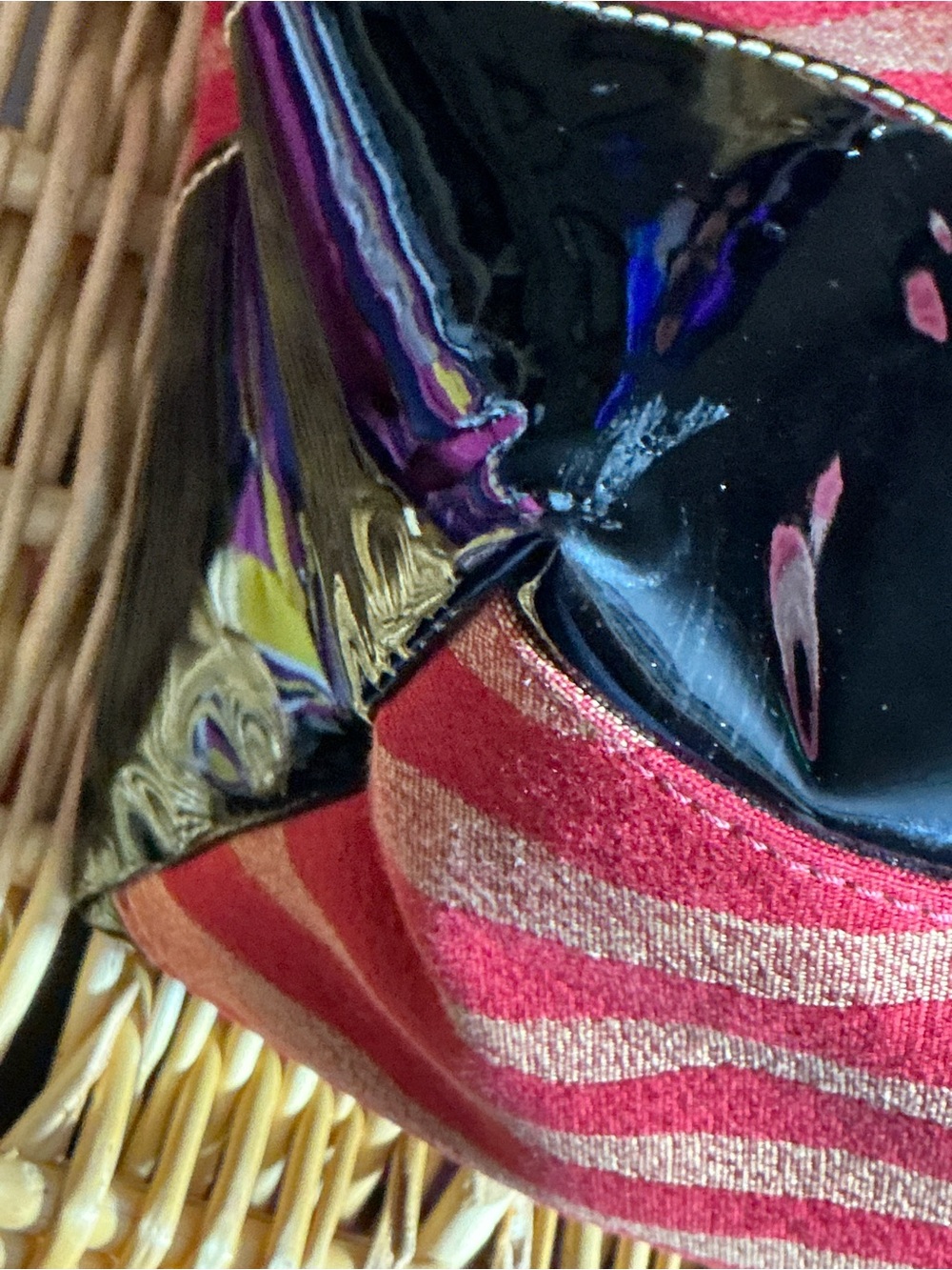 Dooney & Bourke Red and Beige Zebra Stripe Tote with Patent Black Trim - Picture 8 of 16